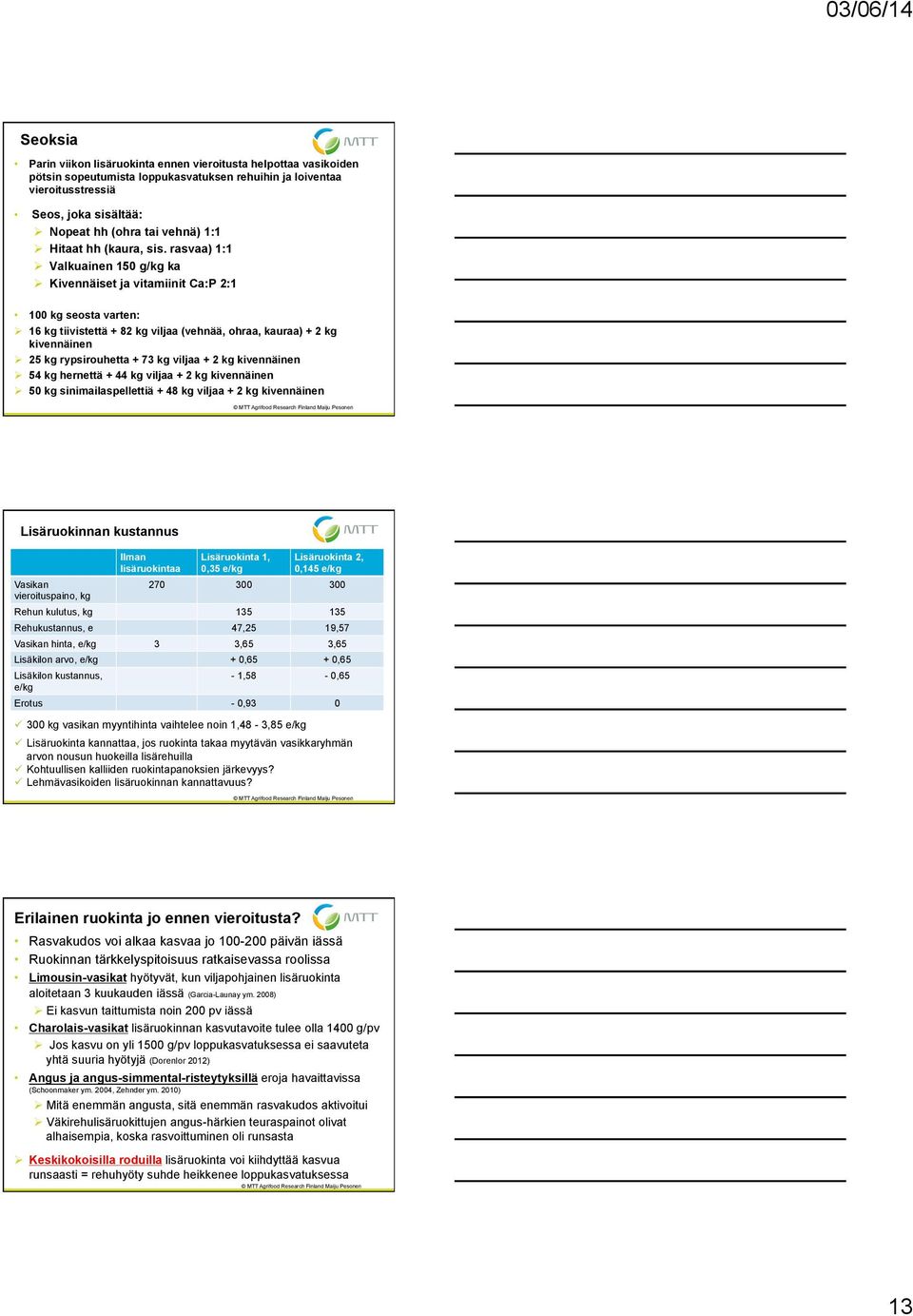 rasvaa) 1:1 Ø Valkuainen 150 g/kg ka Ø Kivennäiset ja vitamiinit Ca:P 2:1 100 kg seosta varten: Ø 16 kg tiivistettä + 82 kg viljaa (vehnää, ohraa, kauraa) + 2 kg kivennäinen Ø 25 kg rypsirouhetta +