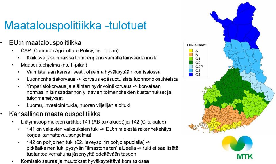 normaalin lainsäädännön ylittävien toimenpiteiden kustannukset ja tulonmenetykset Luomu, investointitukia, nuoren viljelijän aloituki Kansallinen maatalouspolitiikka Liittymissopimuksen artiklat 141