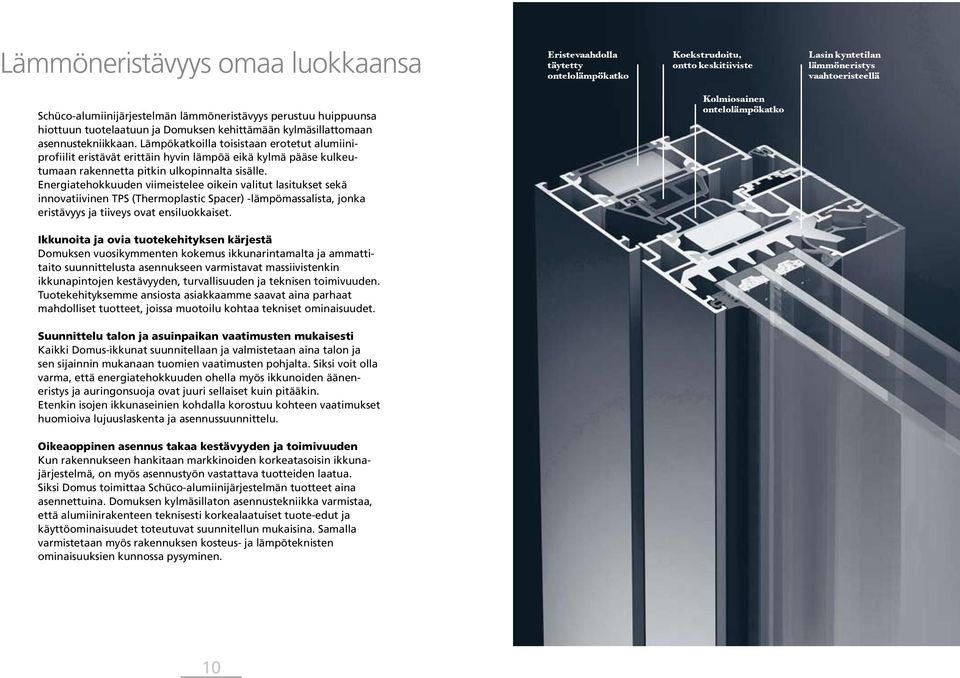 Lämpökatkoilla toisistaan erotetut alumiiniprofiilit eristävät erittäin hyvin lämpöä eikä kylmä pääse kulkeutumaan rakennetta pitkin ulkopinnalta sisälle.