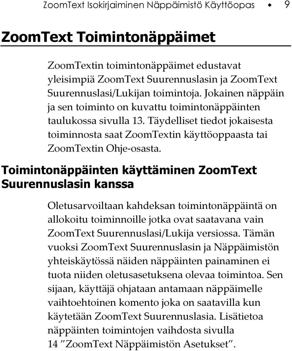 Toimintonäppäinten käyttäminen ZoomText Suurennuslasin kanssa Oletusarvoiltaan kahdeksan toimintonäppäintä on allokoitu toiminnoille jotka ovat saatavana vain ZoomText Suurennuslasi/Lukija versiossa.