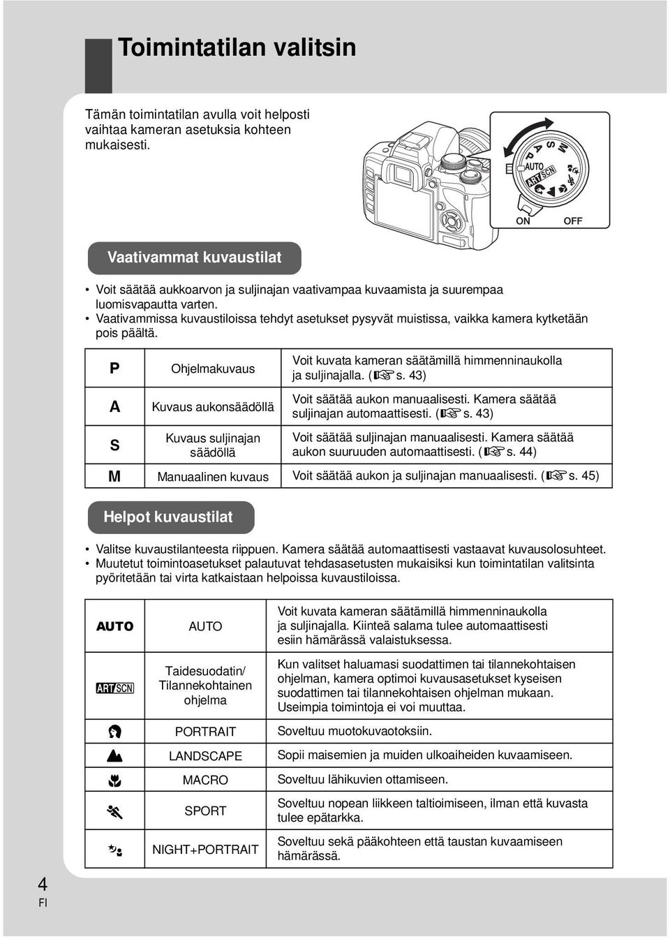 Vaativammissa kuvaustiloissa tehdyt asetukset pysyvät muistissa, vaikka kamera kytketään pois päältä.