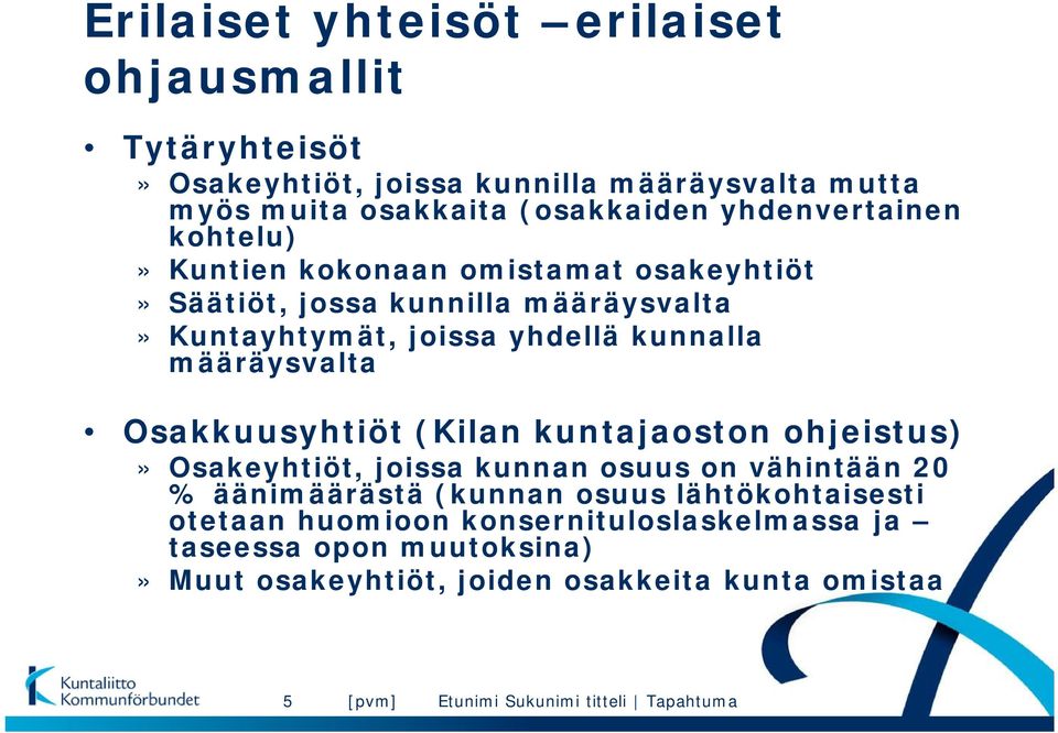 kunnalla määräysvalta Osakkuusyhtiöt (Kilan kuntajaoston ohjeistus)» Osakeyhtiöt, joissa kunnan osuus on vähintään 20 % äänimäärästä