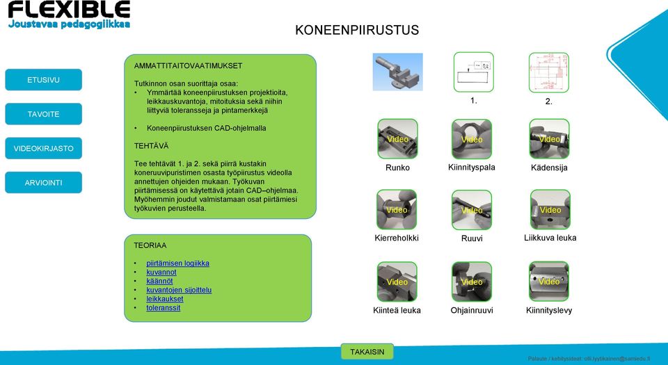 sekä piirrä kustakin koneruuvipuristimen osasta työpiirustus videolla annettujen ohjeiden mukaan. Työkuvan piirtämisessä on käytettävä jotain CAD ohjelmaa.