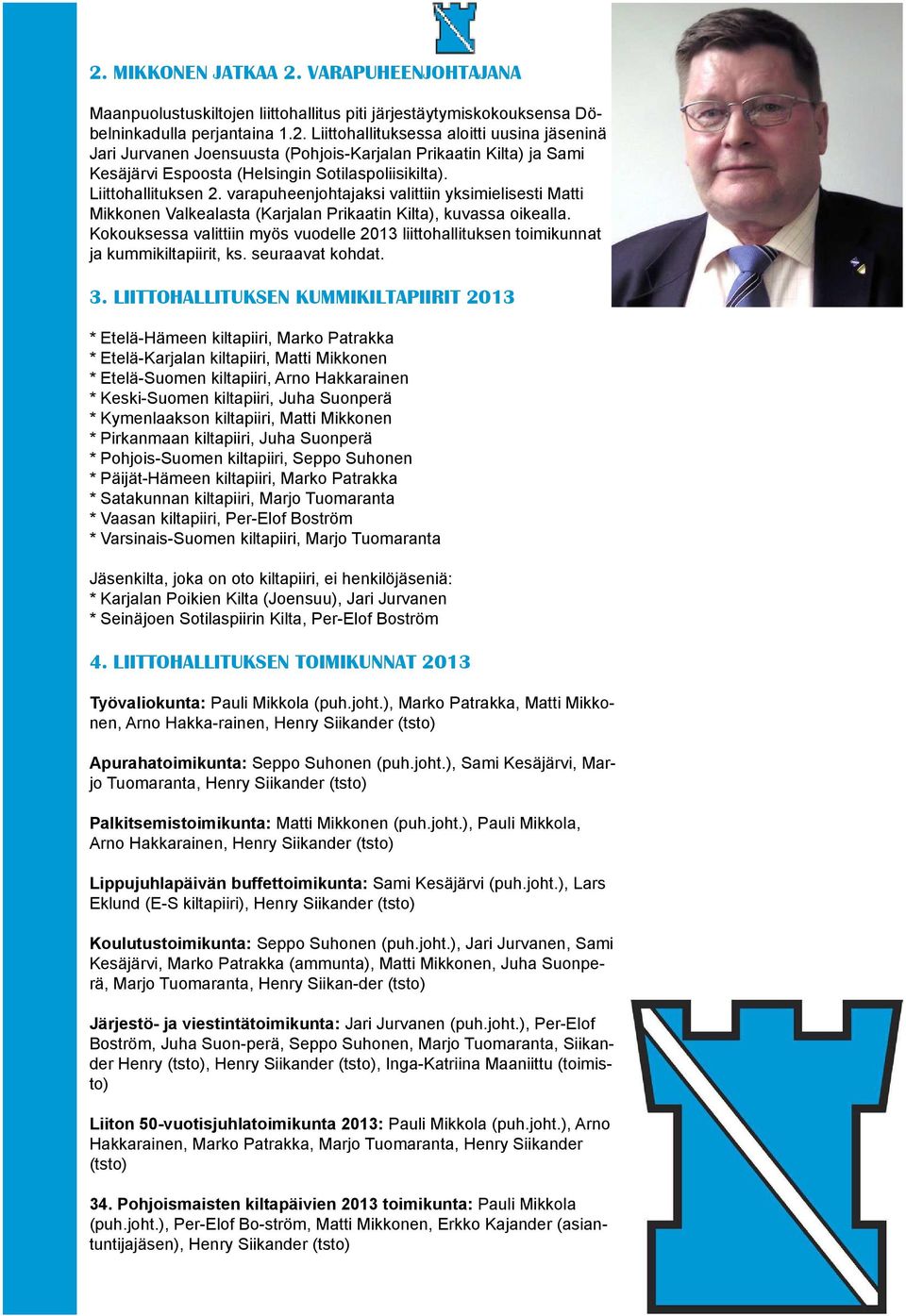 Kokouksessa valittiin myös vuodelle 2013 liittohallituksen toimikunnat ja kummikiltapiirit, ks. seuraavat kohdat. 3.
