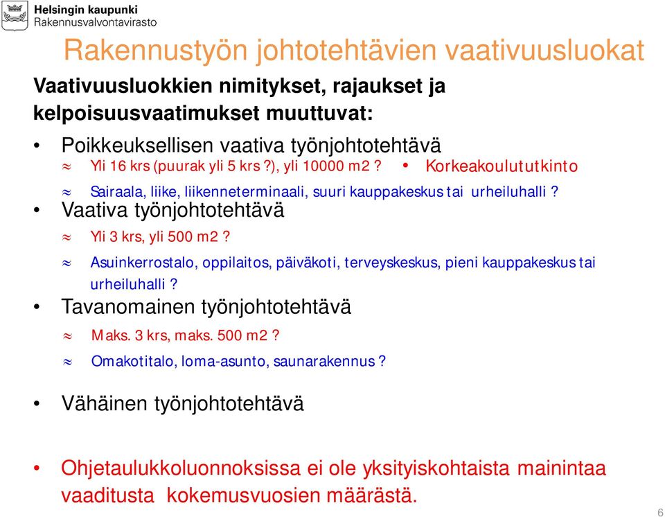 Vaativa työnjohtotehtävä Yli 3 krs, yli 500 m2? Asuinkerrostalo, oppilaitos, päiväkoti, terveyskeskus, pieni kauppakeskus tai urheiluhalli?