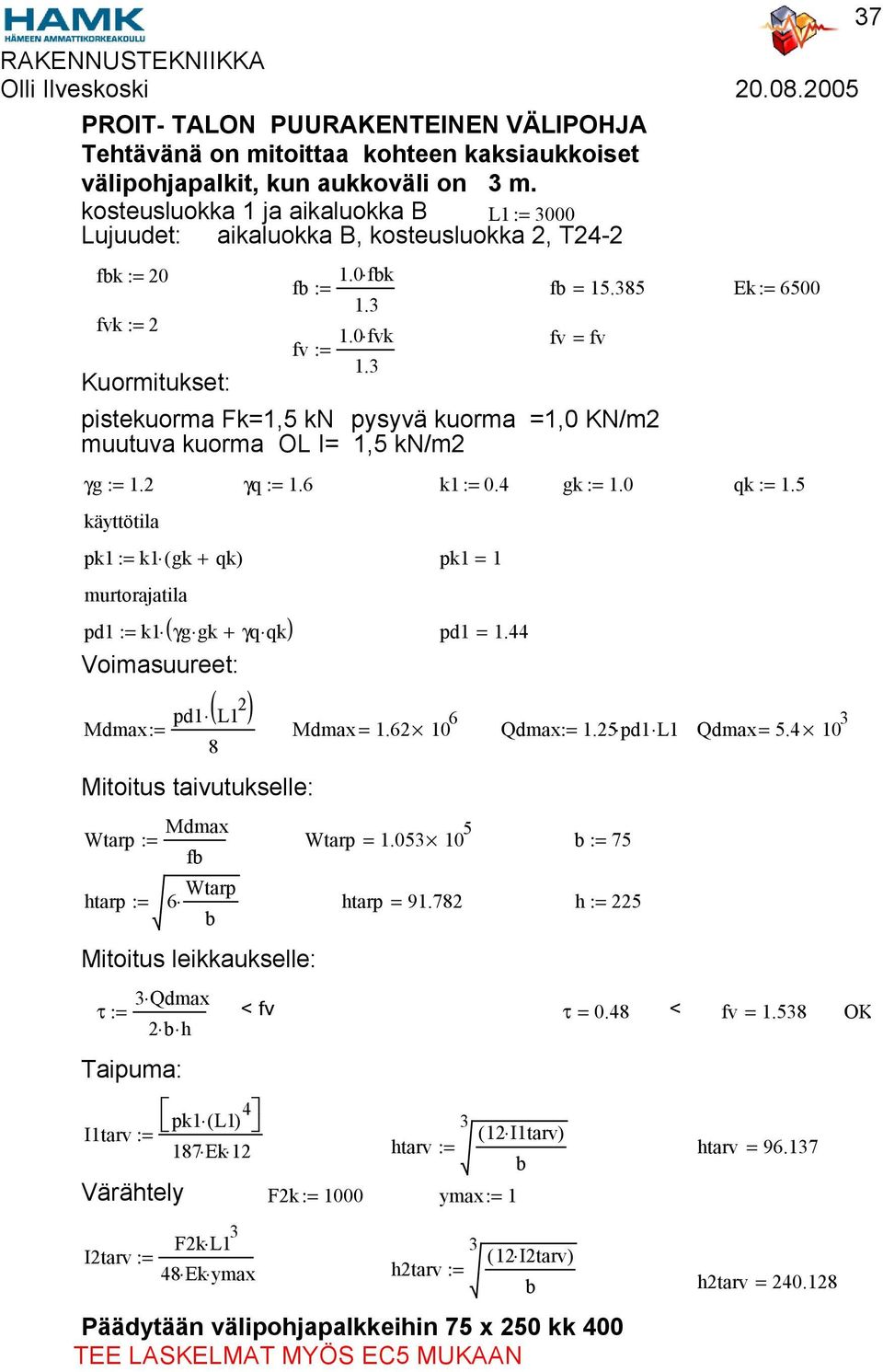 4 10 3 Mdmax Wtarp := Wtarp = 1.053 10 5 b := 75 fb htarp := 6 Wtarp htarp = 91.782 h := 225 b Mitoitus leikkaukselle: 3 Qdmax τ := < fv τ = 0.48 < fv = 1.