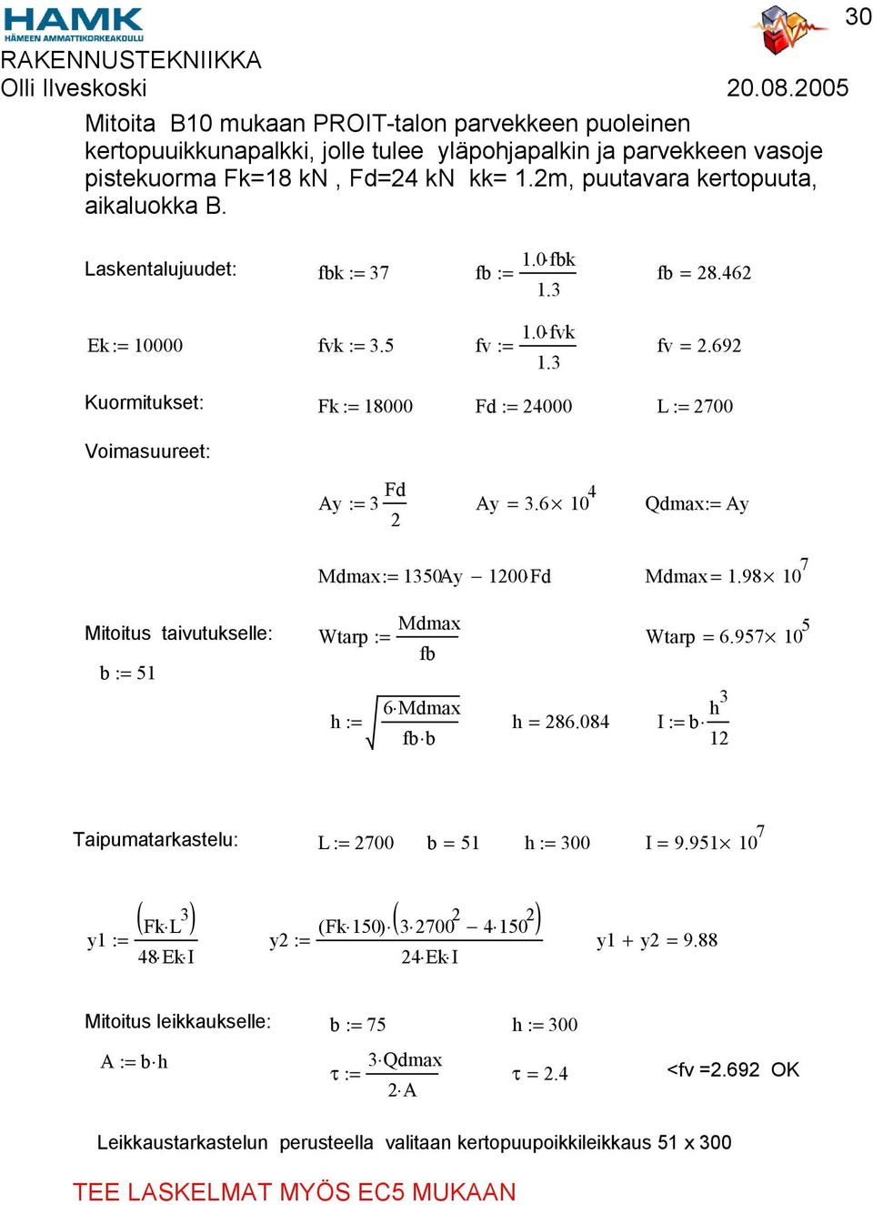 6 10 4 Qdmax:= Ay 2 Mdmax:= 1350Ay 1200 Fd Mdmax = 1.98 10 7 30 Mitoitus taivutukselle: b := 51 Mdmax Wtarp := fb Wtarp = 6.957 10 5 6 Mdmax h := h = 286.