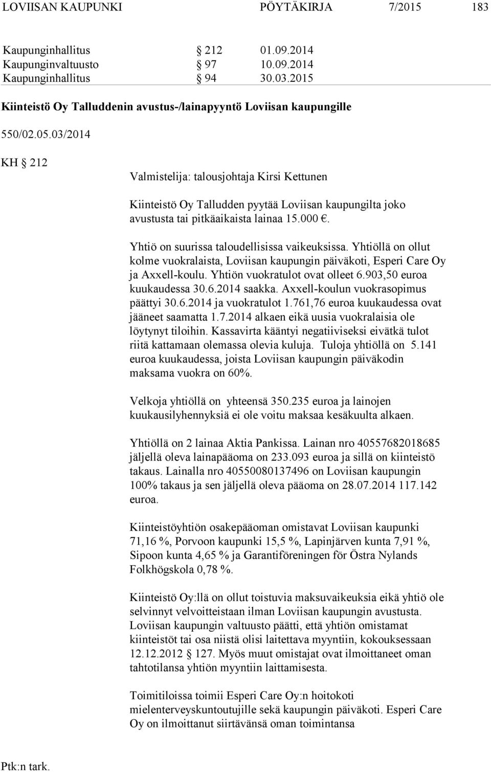 03/2014 KH 212 Valmistelija: talousjohtaja Kirsi Kettunen Kiinteistö Oy Talludden pyytää Loviisan kaupungilta joko avustusta tai pitkäaikaista lainaa 15.000.