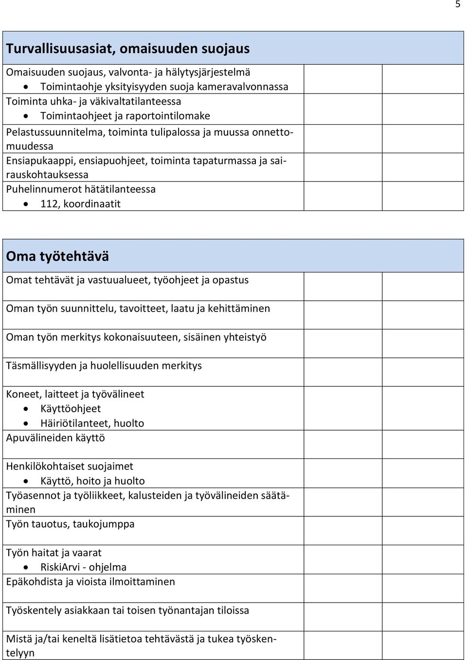 koordinaatit Oma työtehtävä Omat tehtävät ja vastuualueet, työohjeet ja opastus Oman työn suunnittelu, tavoitteet, laatu ja kehittäminen Oman työn merkitys kokonaisuuteen, sisäinen yhteistyö