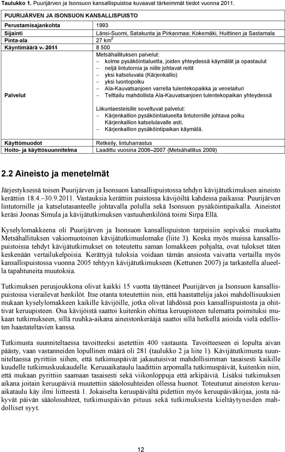 2011 8 500 Metsähallituksen palvelut: kolme pysäköintialuetta, joiden yhteydessä käymälät ja opastaulut neljä lintutornia ja niille johtavat reitit yksi katseluvala (Kärjenkallio) yksi luontopolku