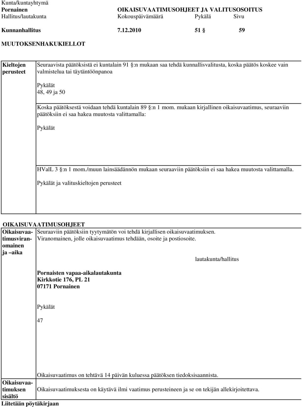 50 Koska päätöksestä voidaan tehdä kuntalain 89 :n 1 mom. mukaan kirjallinen oikaisuvaatimus, seuraaviin päätöksiin ei saa hakea muutosta valittamalla: HValL 3 :n 1 mom.