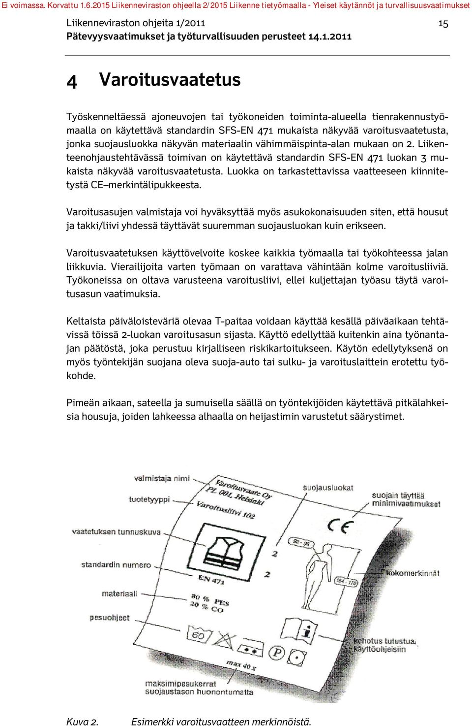 Liikenteenohjaustehtävässä toimivan on käytettävä standardin SFS-EN 471 luokan 3 mukaista näkyvää varoitusvaatetusta. Luokka on tarkastettavissa vaatteeseen kiinnitetystä CE merkintälipukkeesta.