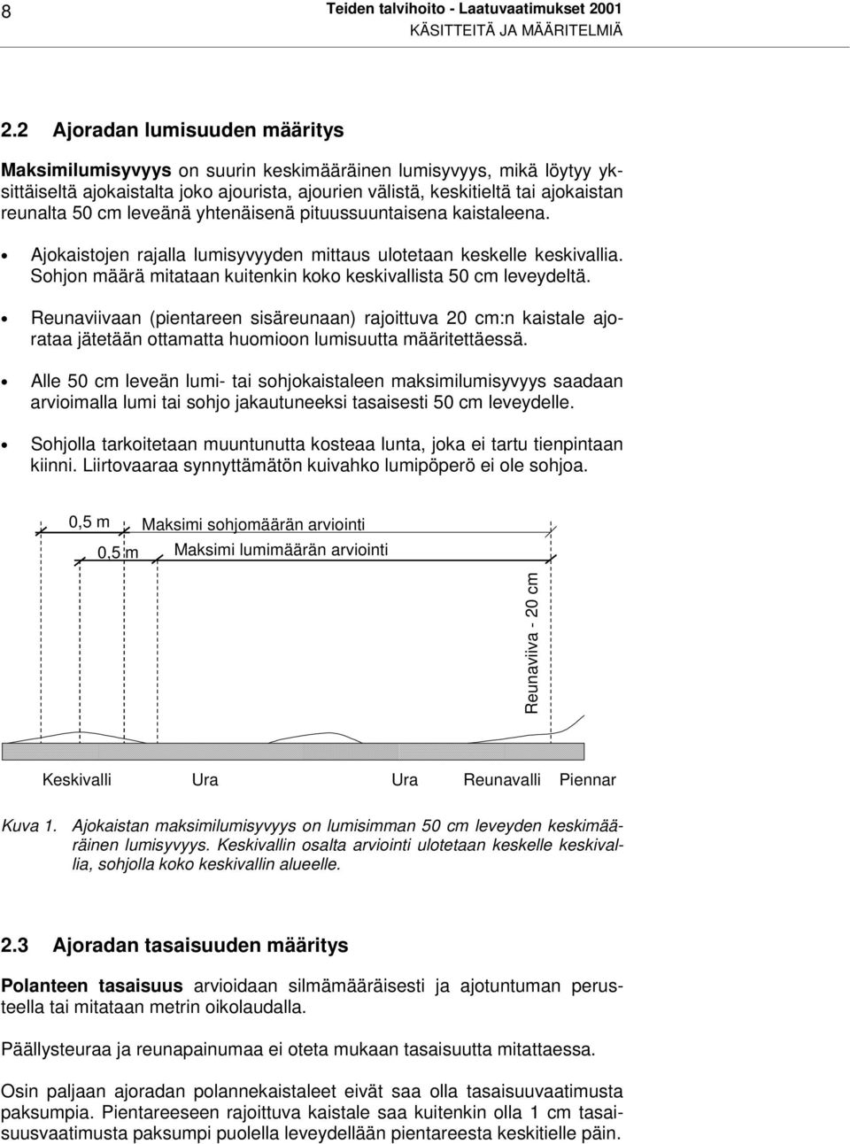 cm leveänä yhtenäisenä pituussuuntaisena kaistaleena. Ajokaistojen rajalla lumisyvyyden mittaus ulotetaan keskelle keskivallia. Sohjon määrä mitataan kuitenkin koko keskivallista 50 cm leveydeltä.