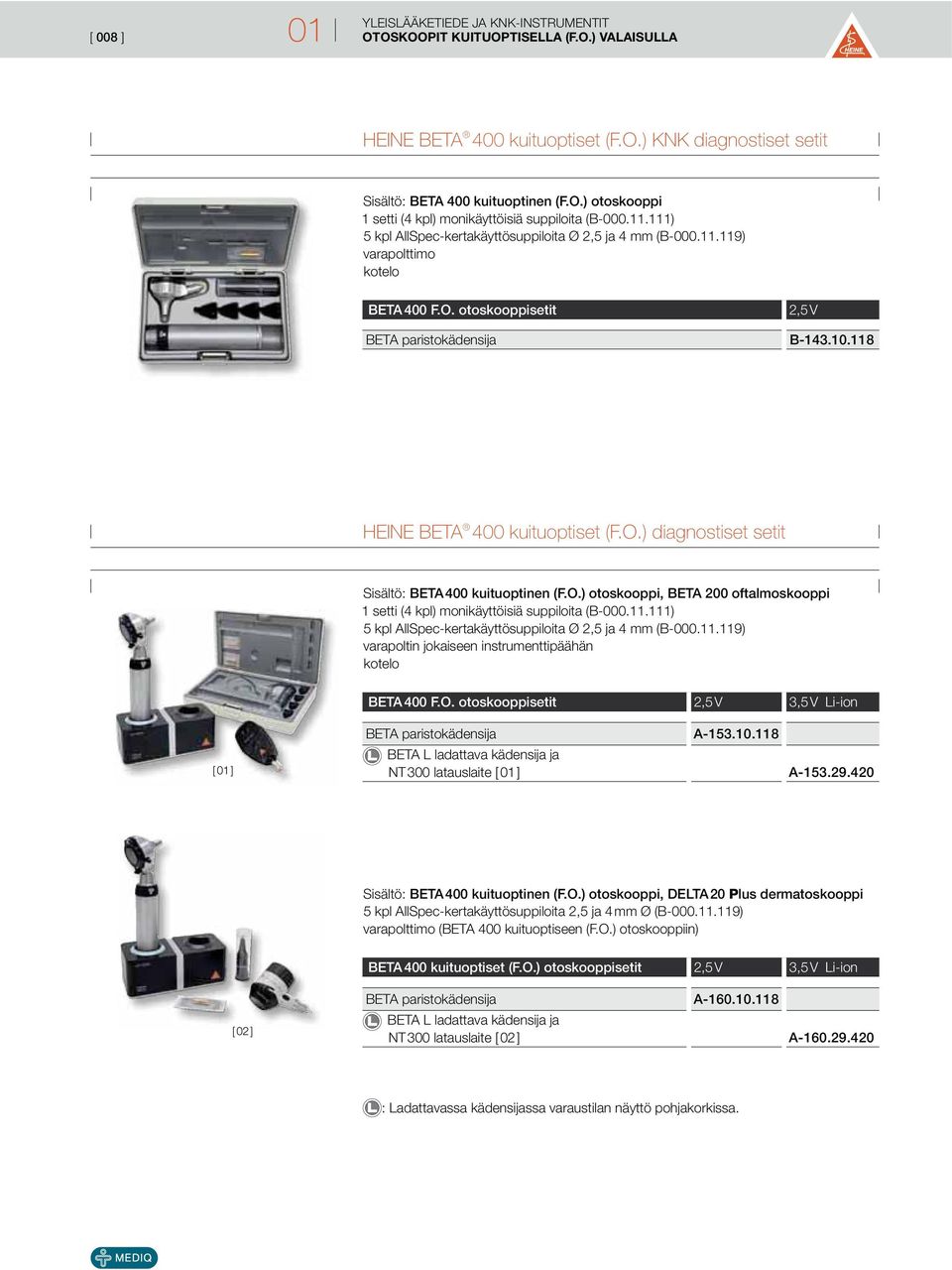 O.) otoskooppi, BETA 200 oftalmoskooppi 1 setti (4 kpl) monikäyttöisiä suppiloita (B-000.11.111) 5 kpl AllSpec-kertakäyttösuppiloita Ø 2,5 ja 4 mm (B-000.11.119) varapoltin jokaiseen instrumenttipäähän kotelo BETA 400 F.