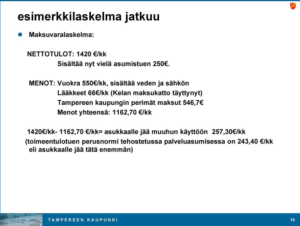 perimät maksut 546,7 Menot yhteensä: 1162,70 /kk 1420 /kk- 1162,70 /kk= asukkaalle jää muuhun käyttöön 257,30 /kk