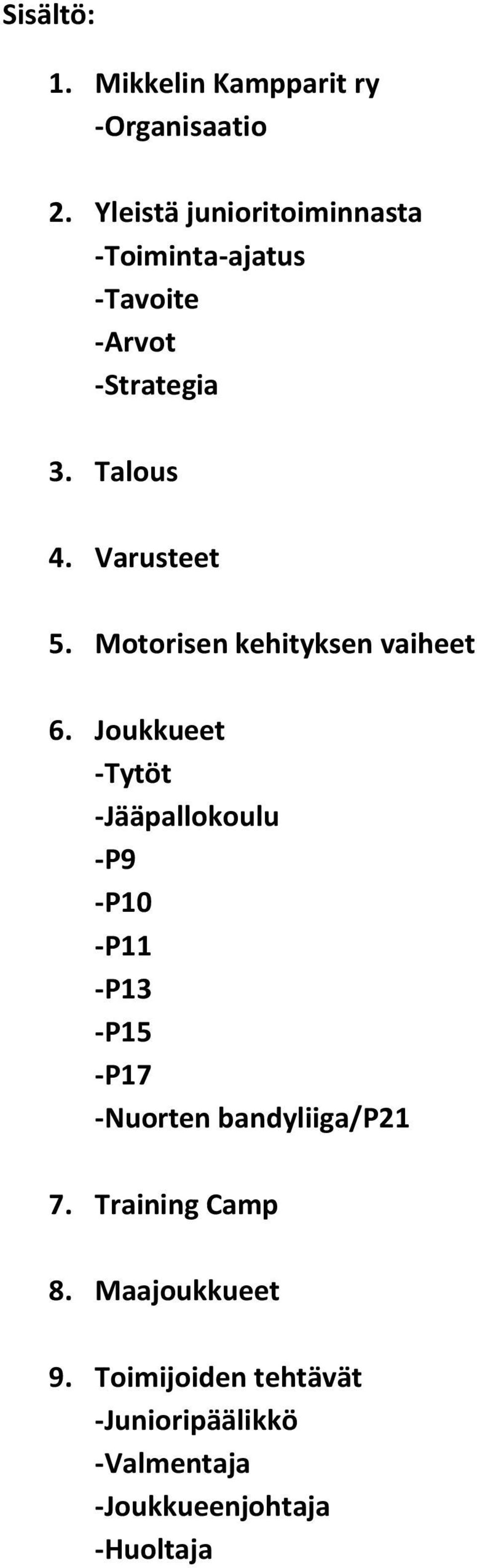 Varusteet 5. Motorisen kehityksen vaiheet 6.