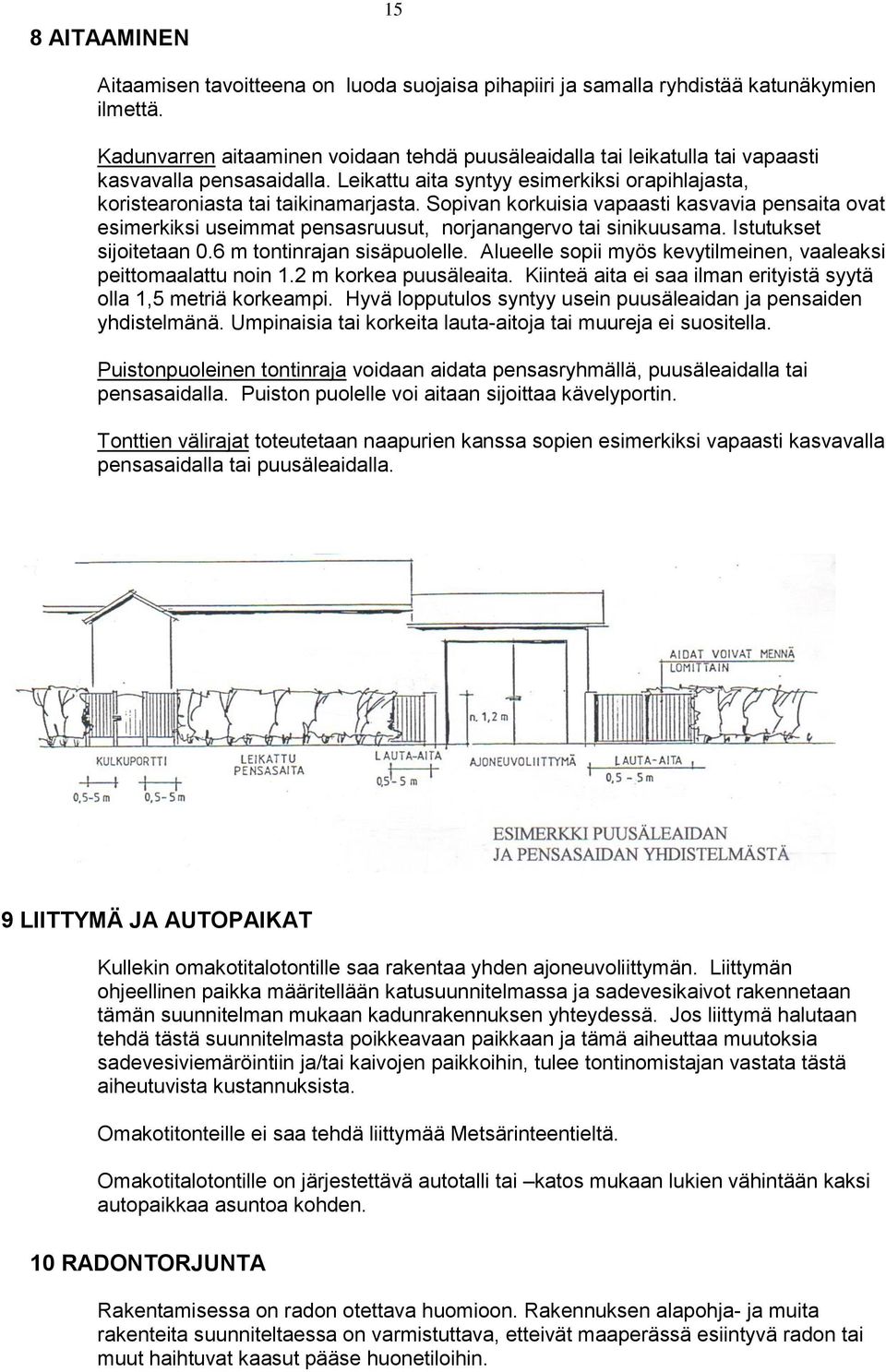 Sopivan korkuisia vapaasti kasvavia pensaita ovat esimerkiksi useimmat pensasruusut, norjanangervo tai sinikuusama. Istutukset sijoitetaan 0.6 m tontinrajan sisäpuolelle.