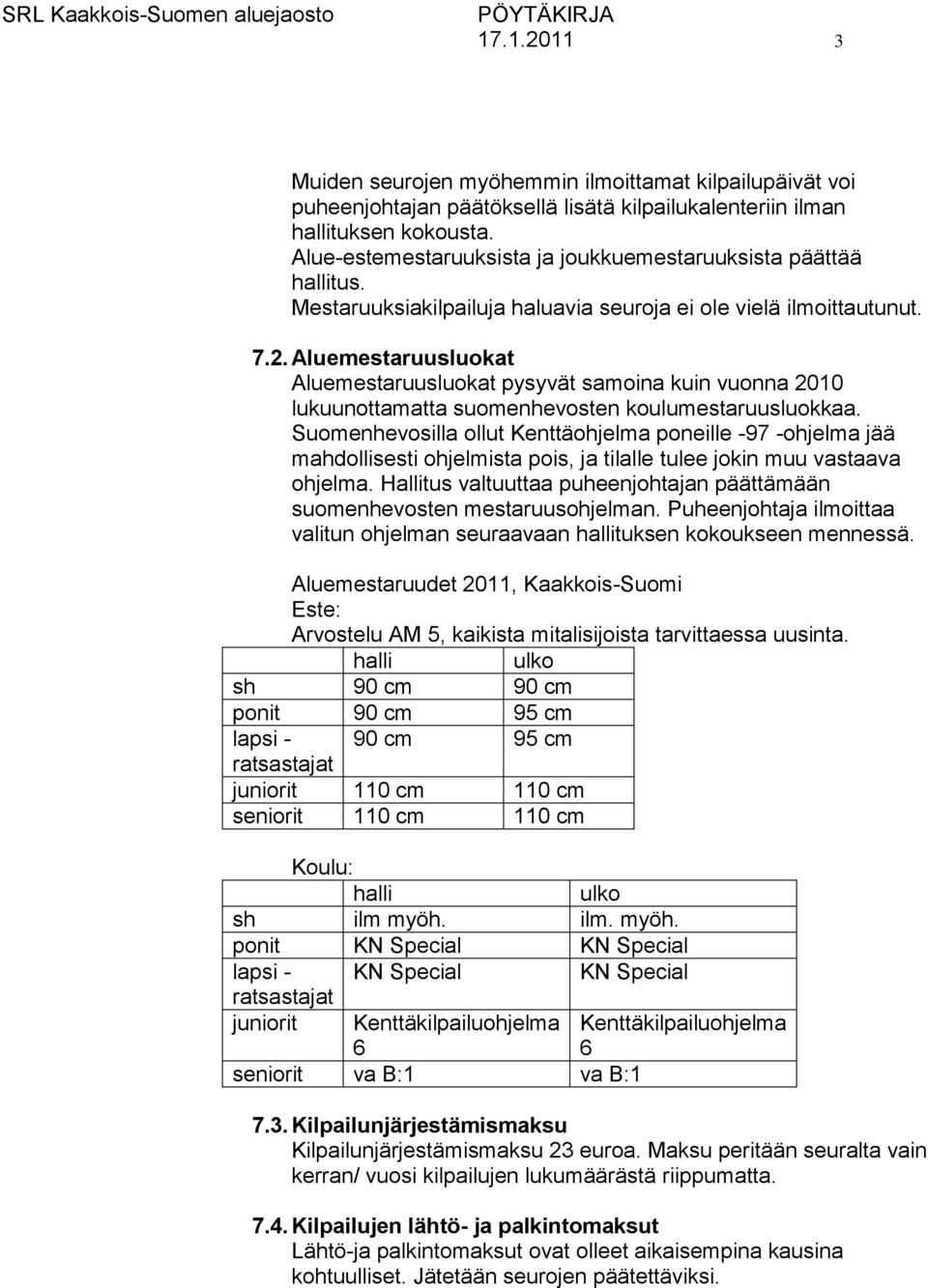 Aluemestaruusluokat Aluemestaruusluokat pysyvät samoina kuin vuonna 2010 lukuunottamatta suomenhevosten koulumestaruusluokkaa.