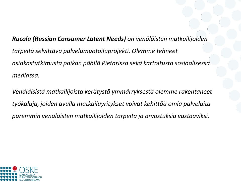 Olemme tehneet asiakastutkimusta paikan päällä Pietarissa sekä kartoitusta sosiaalisessa mediassa.