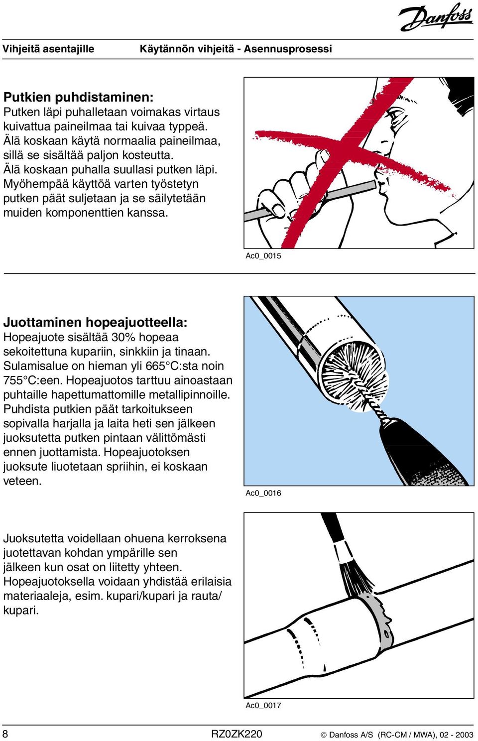 Ac0_0015 Juottaminen hopeajuotteella: Hopeajuote sisältää 30% hopeaa sekoitettuna kupariin, sinkkiin ja tinaan. Sulamisalue on hieman yli 665 C:sta noin 755 C:een.