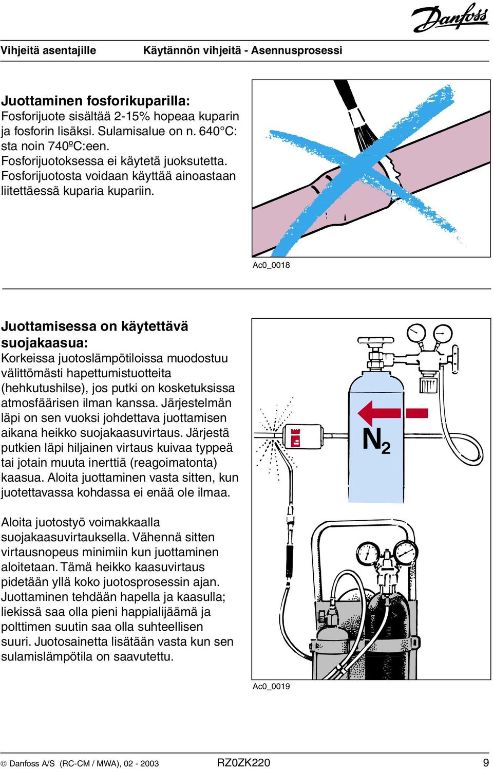 Ac0_0018 Juottamisessa on käytettävä suojakaasua: Korkeissa juotoslämpötiloissa muodostuu välittömästi hapettumistuotteita (hehkutushilse), jos putki on kosketuksissa atmosfäärisen ilman kanssa.