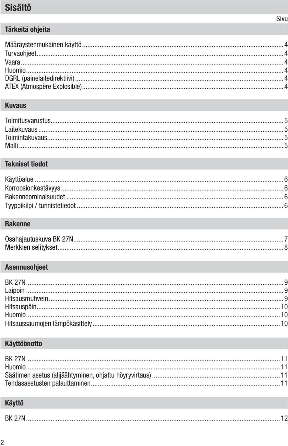 ..6 Tyyppikilpi / tunnistetiedot...6 Rakenne Osahajautuskuva BK 27N...7 Merkkien selitykset...8 Asennusohjeet BK 27N...9 Laipoin...9 Hitsausmuhvein...9 Hitsauspäin.