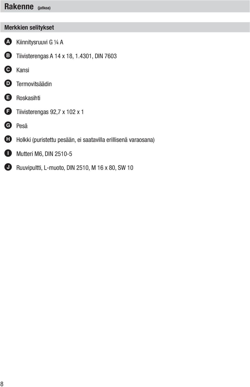 4301, DIN 7603 C Kansi D Termovitsäädin E Roskasihti F Tiivisterengas 92,7 x 102