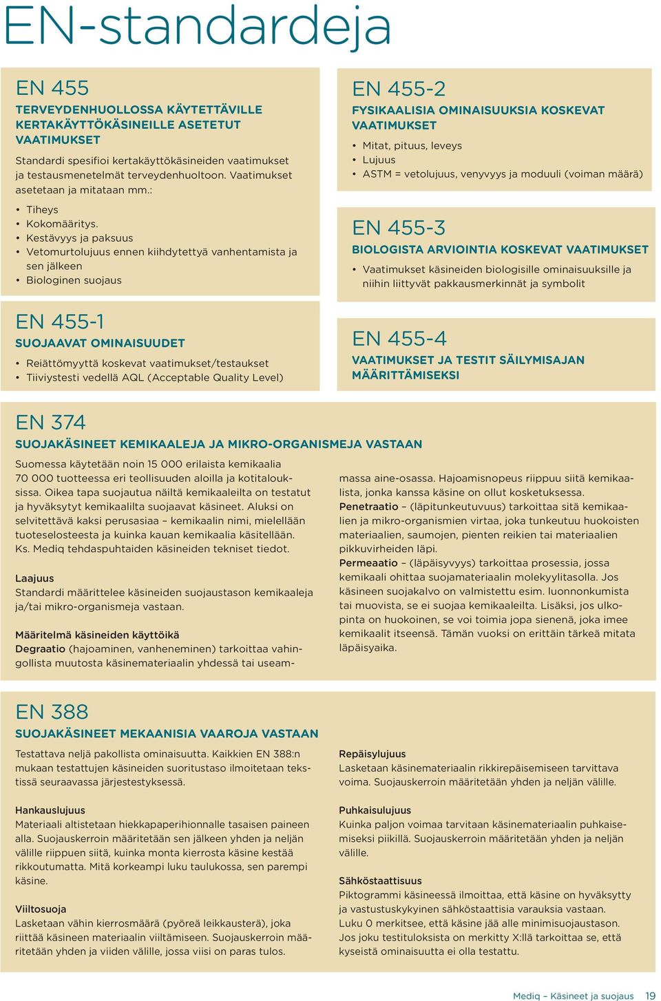 Kestävyys ja paksuus Vetomurtolujuus ennen kiihdytettyä vanhentamista ja sen jälkeen Biologinen suojaus EN 455-2 Fysikaalisia ominaisuuksia koskevat vaatimukset Mitat, pituus, leveys Lujuus ASTM =