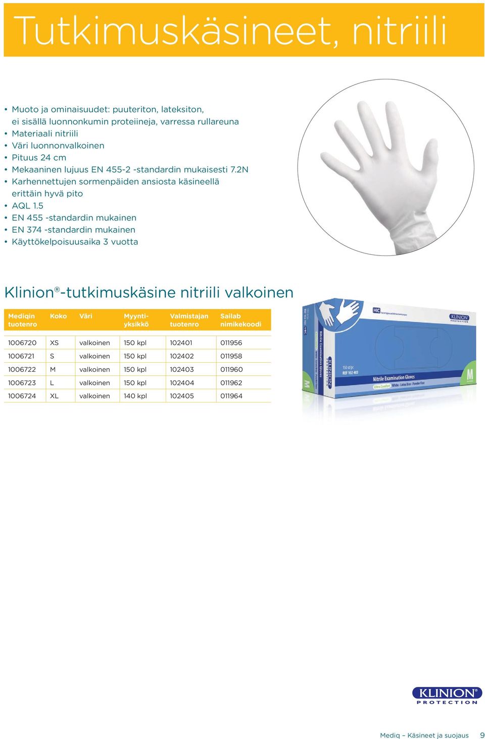 5 EN 455 -standardin mukainen EN 374 -standardin mukainen Käyttökelpoisuusaika 3 vuotta Klinion -tutkimuskäsine nitriili valkoinen 1006720 XS valkoinen 150 kpl 102401