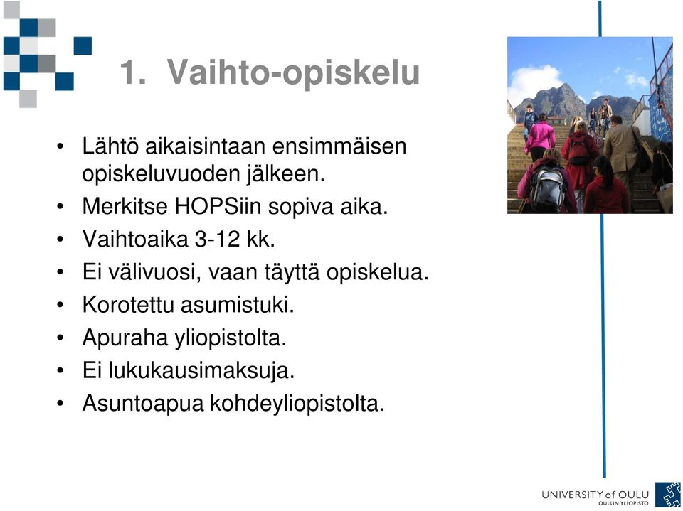 Vaihtoaika 3-12 kk. Ei välivuosi, vaan täyttä opiskelua.