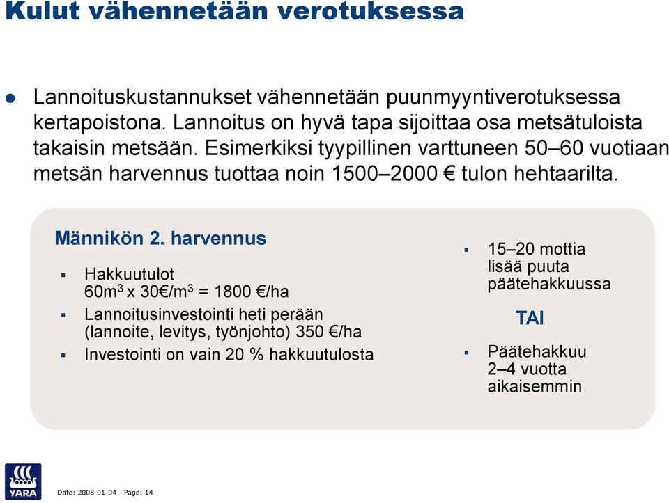 Esimerkiksi tyypillinen varttuneen 50 60 vuotiaan metsän harvennus tuottaa noin 1500 2000 tulon hehtaarilta. Männikön 2.