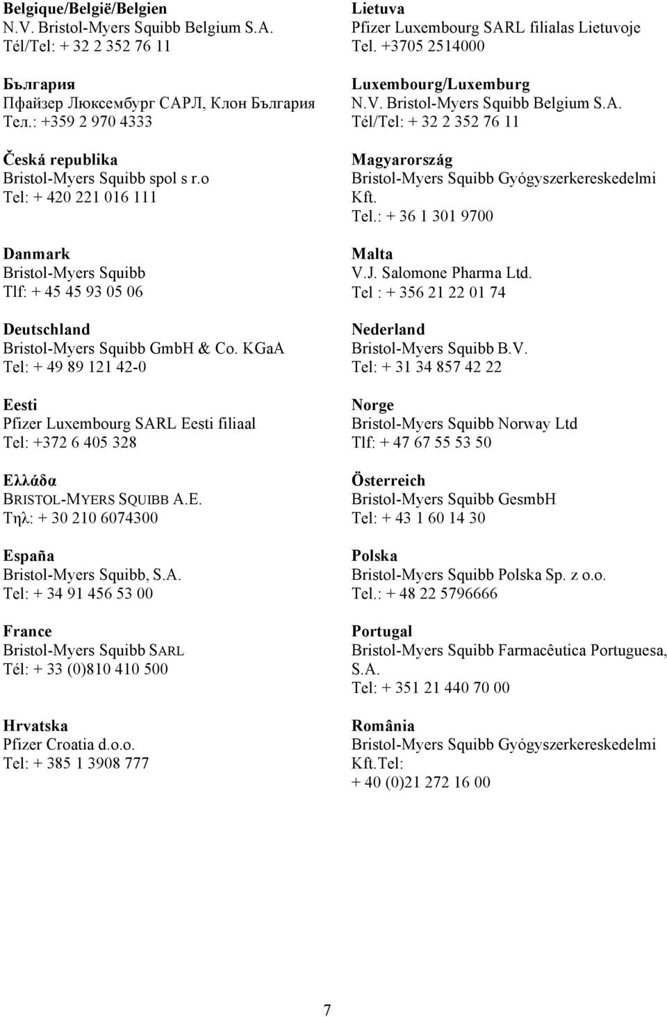 KGaA Tel: + 49 89 121 42-0 Eesti Pfizer Luxembourg SARL Eesti filiaal Tel: +372 6 405 328 Ελλάδα BRISTOL-MYERS SQUIBB A.E. Τηλ: + 30 210 6074300 España Bristol-Myers Squibb, S.A. Tel: + 34 91 456 53 00 France Bristol-Myers Squibb SARL Tél: + 33 (0)810 410 500 Hrvatska Pfizer Croatia d.