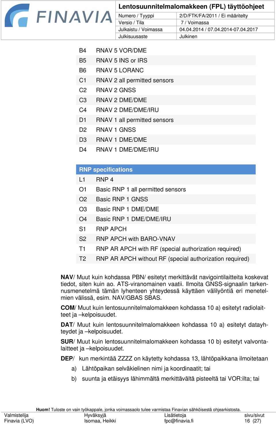 with BARO-VNAV RNP AR APCH with RF (special authorization required) RNP AR APCH without RF (special authorization required) NAV/ Muut kuin kohdassa PBN/ esitetyt merkittävät navigointilaitteita