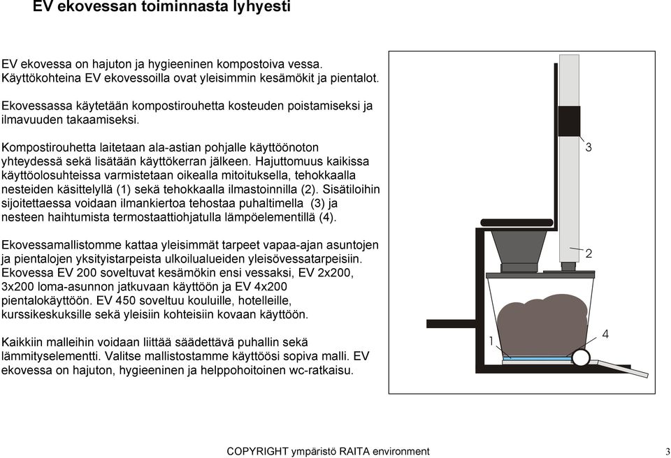 Hajuttomuus kaikissa käyttöolosuhteissa varmistetaan oikealla mitoituksella, tehokkaalla nesteiden käsittelyllä (1) sekä tehokkaalla ilmastoinnilla (2).