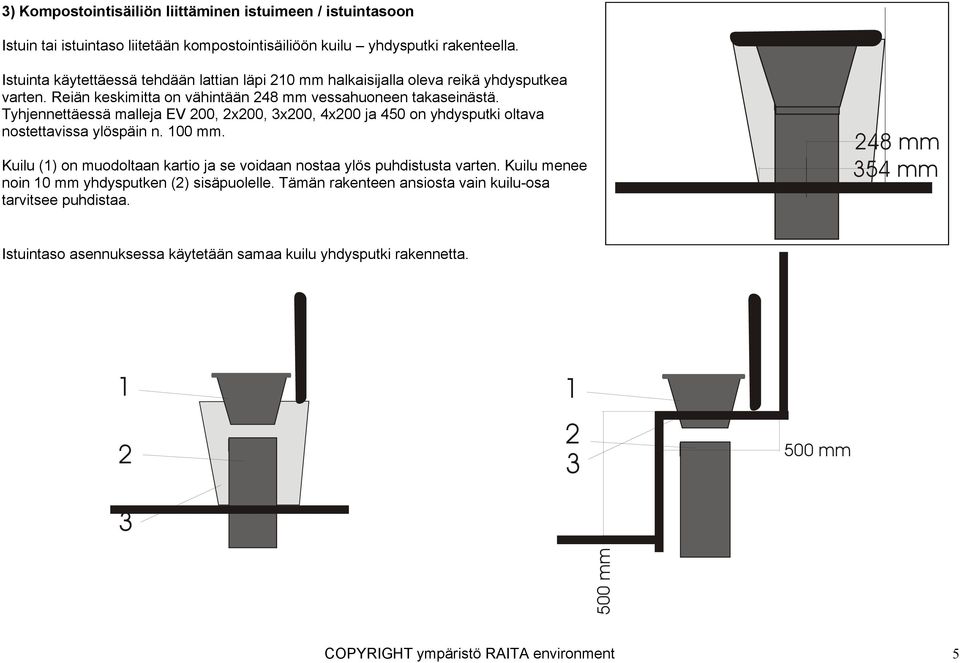 Tyhjennettäessä malleja EV 200, 2x200, 3x200, 4x200 ja 450 on yhdysputki oltava nostettavissa ylöspäin n. 100 mm.