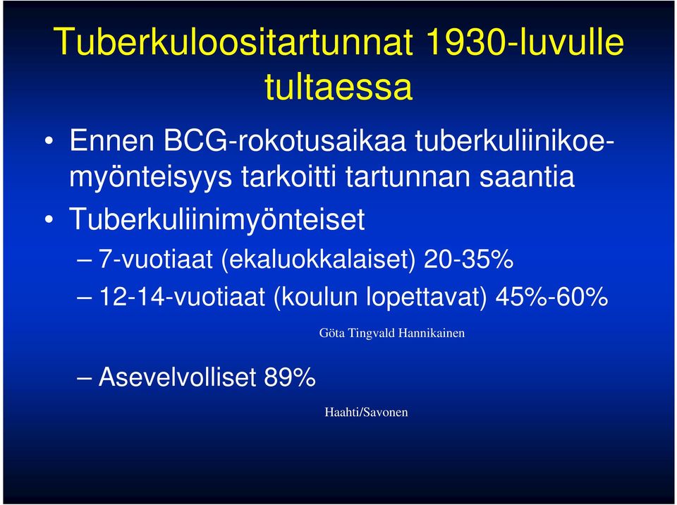 Tuberkuliinimyönteiset 7-vuotiaat (ekaluokkalaiset) 20-35%