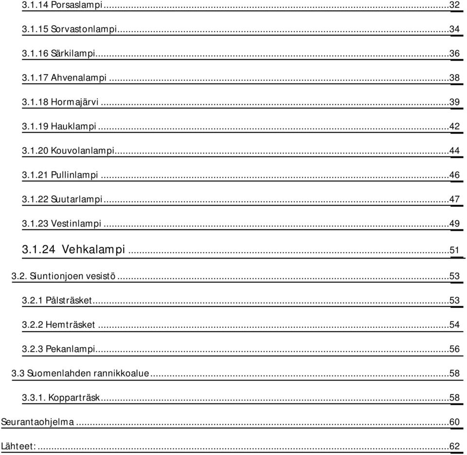 ..49 3.1.24 Vehkalampi...51 3.2. Siuntionjoen vesistö...53 3.2.1 Pålsträsket...53 3.2.2 Hemträsket...54 3.2.3 Pekanlampi.