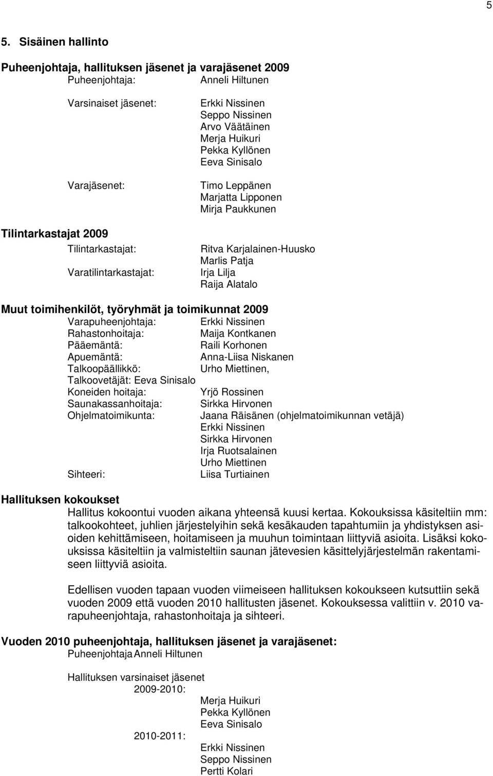 Alatalo Muut toimihenkilöt, työryhmät ja toimikunnat 2009 Varapuheenjohtaja: Rahastonhoitaja: Maija Kontkanen Pääemäntä: Raili Korhonen Apuemäntä: Anna-Liisa Niskanen Talkoopäällikkö: Urho Miettinen,