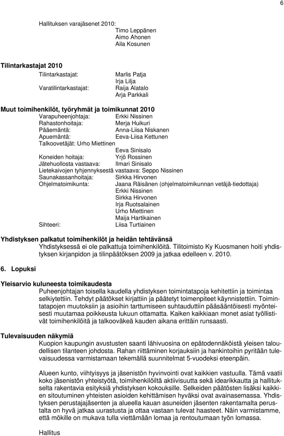 Sinisalo Koneiden hoitaja: Yrjö Rossinen Jätehuollosta vastaava: Ilmari Sinisalo Lietekaivojen tyhjennyksestä vastaava: Seppo Nissinen Saunakassanhoitaja: Sirkka Hirvonen Ohjelmatoimikunta: Jaana