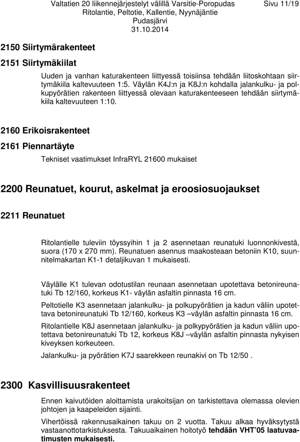 2160 Erikoisrakenteet 2161 Piennartäyte Tekniset vaatimukset InfraRYL 21600 mukaiset 2200 Reunatuet, kourut, askelmat ja eroosiosuojaukset 2211 Reunatuet Ritolantielle tuleviin töyssyihin 1 ja 2