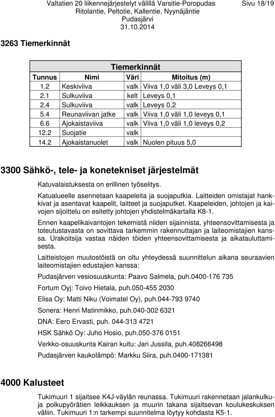 2 Ajokaistanuolet valk Nuolen pituus 5,0 3300 Sähkö-, tele- ja konetekniset järjestelmät Katuvalaistuksesta on erillinen työselitys. Katualueelle asennetaan kaapeleita ja suojaputkia.