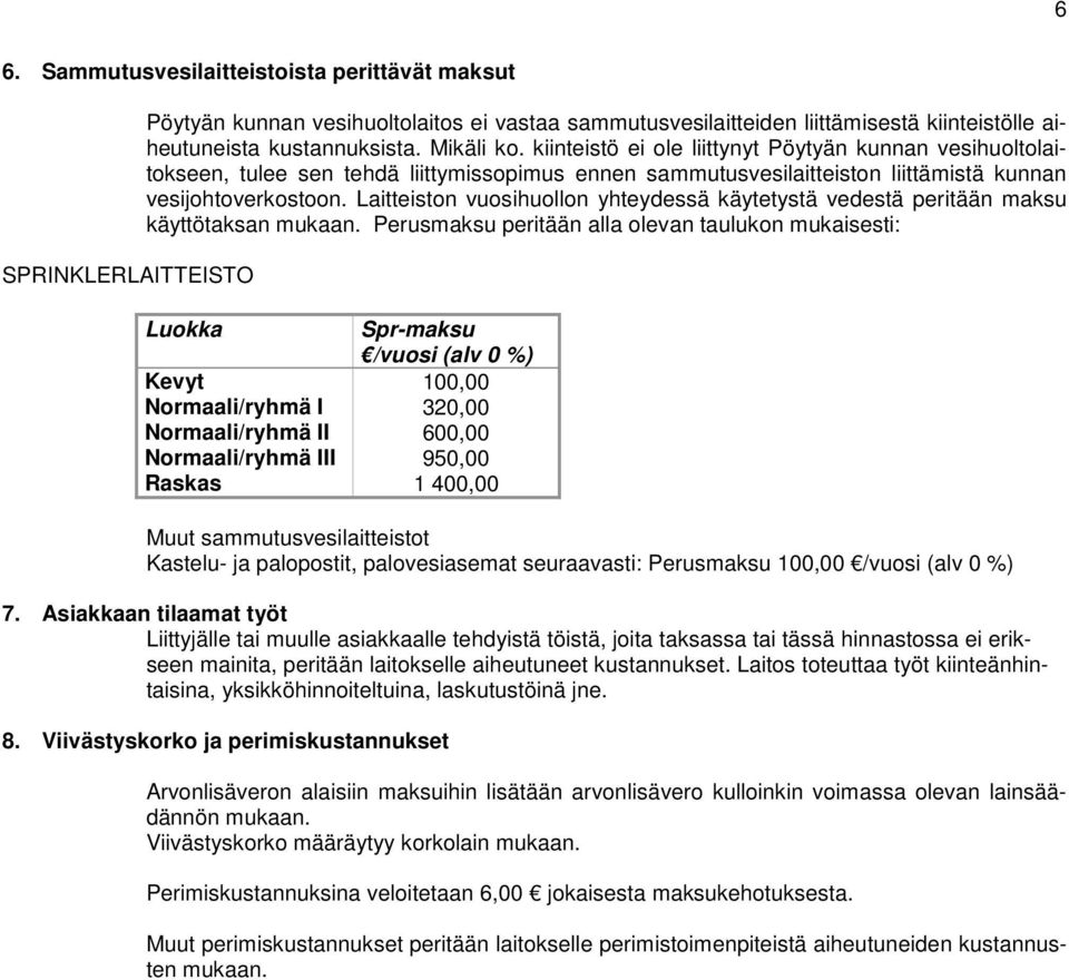 Laitteiston vuosihuollon yhteydessä käytetystä vedestä peritään maksu käyttötaksan mukaan.