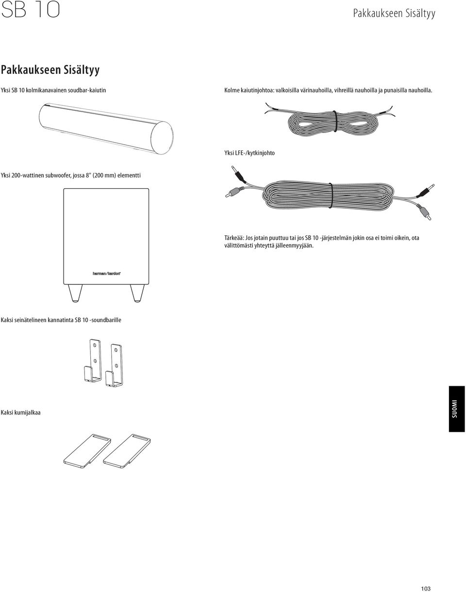 Yksi LFE-/kytkinjohto Yksi 200-wattinen subwoofer, jossa 8" (200 mm) elementti Tärkeää: Jos jotain puuttuu tai jos