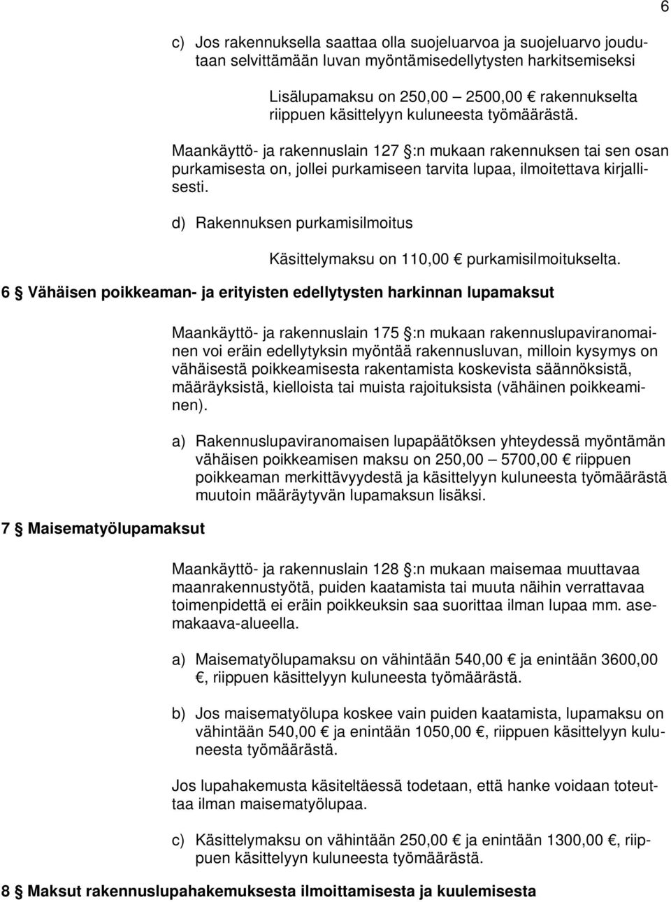 d) Rakennuksen purkamisilmoitus Käsittelymaksu on 110,00 purkamisilmoitukselta.