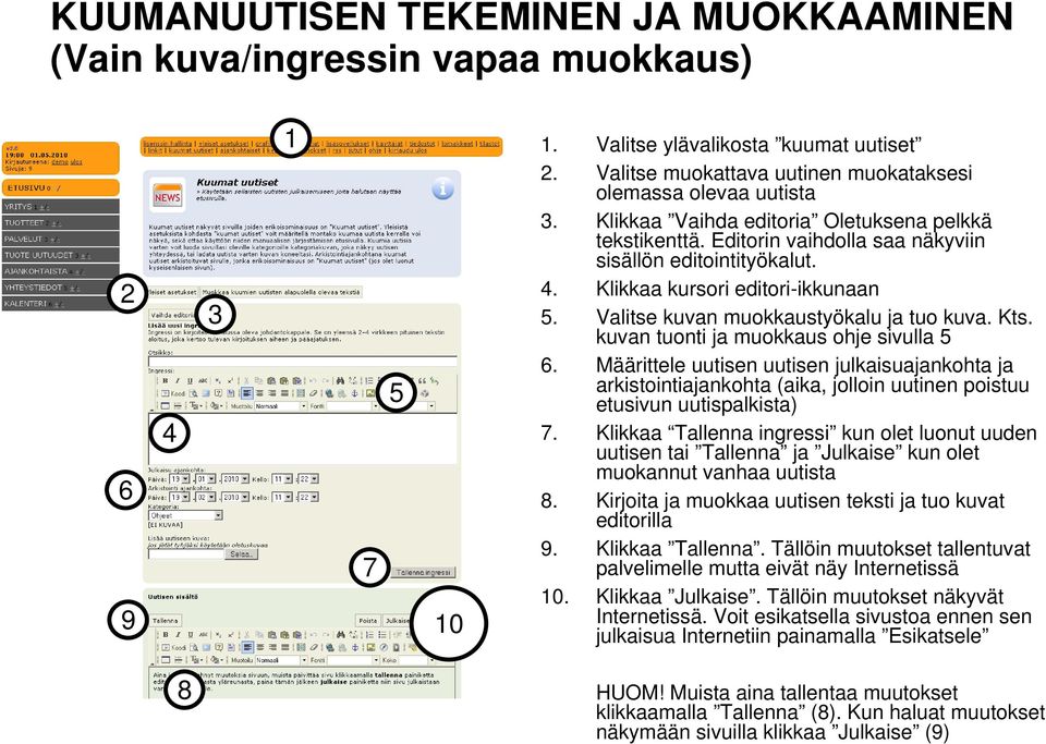 kuvan tuonti ja muokkaus ohje sivulla. Määrittele uutisen uutisen julkaisuajankohta ja arkistointiajankohta (aika, jolloin uutinen poistuu etusivun uutispalkista) 7.