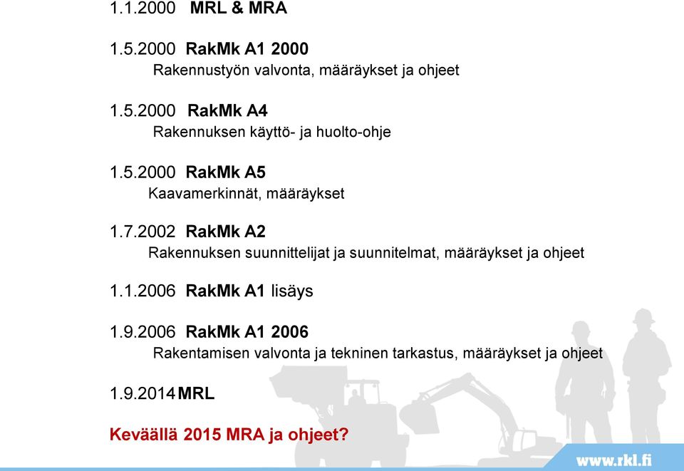 2002 RakMk A2 Rakennuksen suunnittelijat ja suunnitelmat, määräykset ja ohjeet 1.1.2006 RakMk A1 lisäys 1.