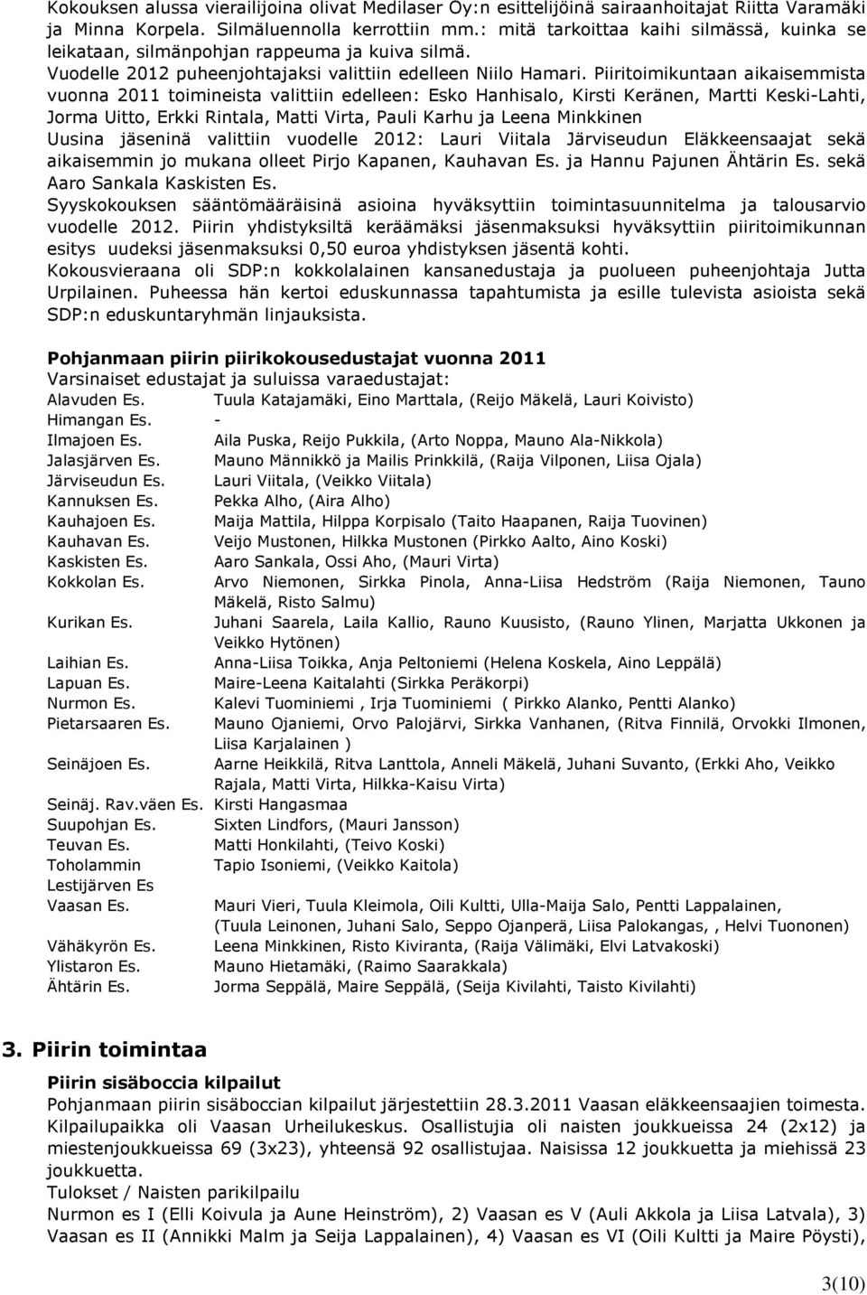 Piiritoimikuntaan aikaisemmista vuonna 2011 toimineista valittiin edelleen: Esko Hanhisalo, Kirsti Keränen, Martti Keski-Lahti, Jorma Uitto, Erkki Rintala, Matti Virta, Pauli Karhu ja Leena Minkkinen