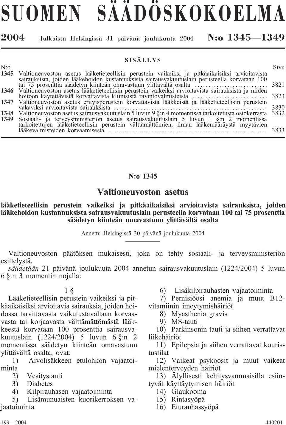 .. 3821 1346 Valtioneuvoston asetus lääketieteellisin perustein vaikeiksi arvioitavista sairauksista ja niiden hoitoon käytettävistä korvattavista kliinisistä ravintovalmisteista.