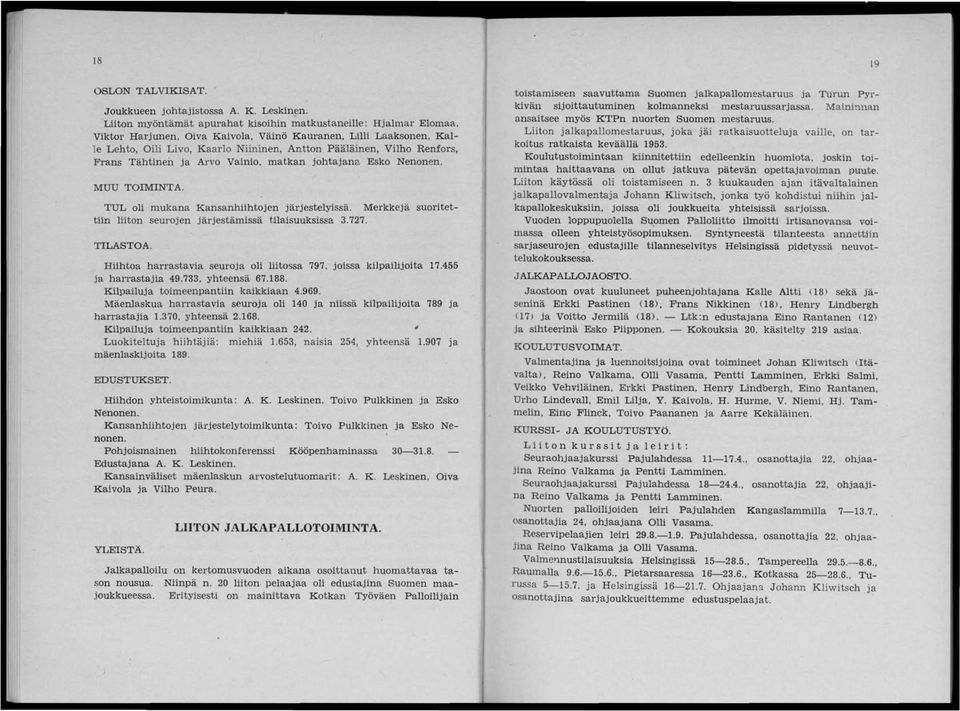 Renfors, Frans Tähtinen ja Arvo Vainio, matkan johtajana Esko Nenonen. MUU TOIMINTA. TUL oli mukana Kansanhiihtojen järjestelyissä. Merkkejä suoritettiin liiton seurojen järjestämissä t.