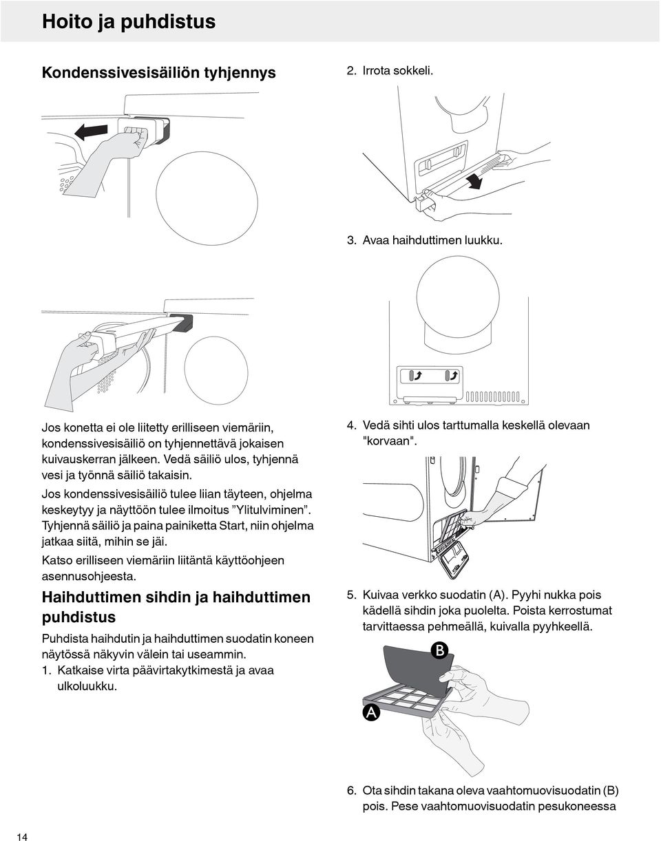 Jos kondenssivesisäiliö tulee liian täyteen, ohjelma keskeytyy ja näyttöön tulee ilmoitus Ylitulviminen. Tyhjennä säiliö ja paina painiketta Start, niin ohjelma jatkaa siitä, mihin se jäi.